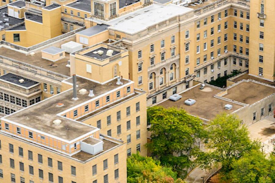 Medical Sciences Center- Aerial view of building exterior. 