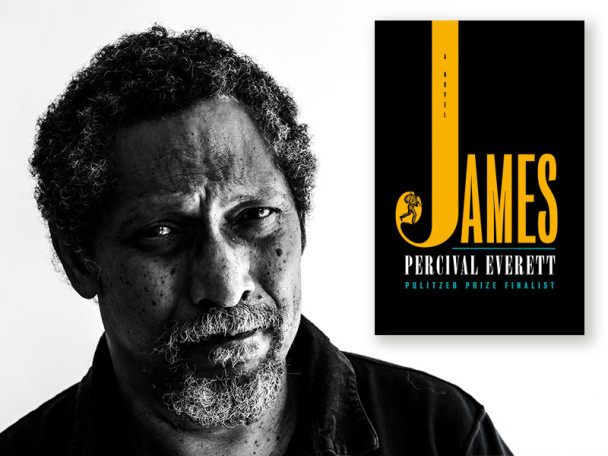 Headshot of author Percival Everett, next to his book, 'James'.